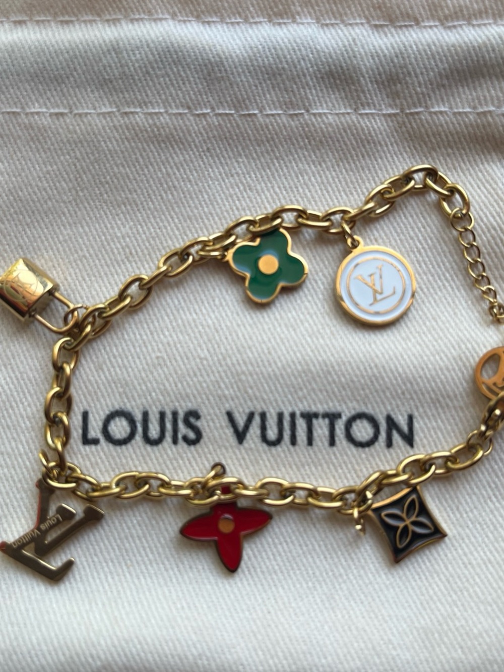 Louis Vuitton Gold Charm Bracelet with Green, Red & White Enamel Accents